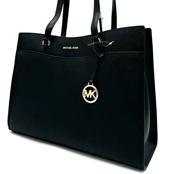 Michael Kors Large MF Pocket Shoulder Tote Bag Black/Gold - Picture 1 of 13